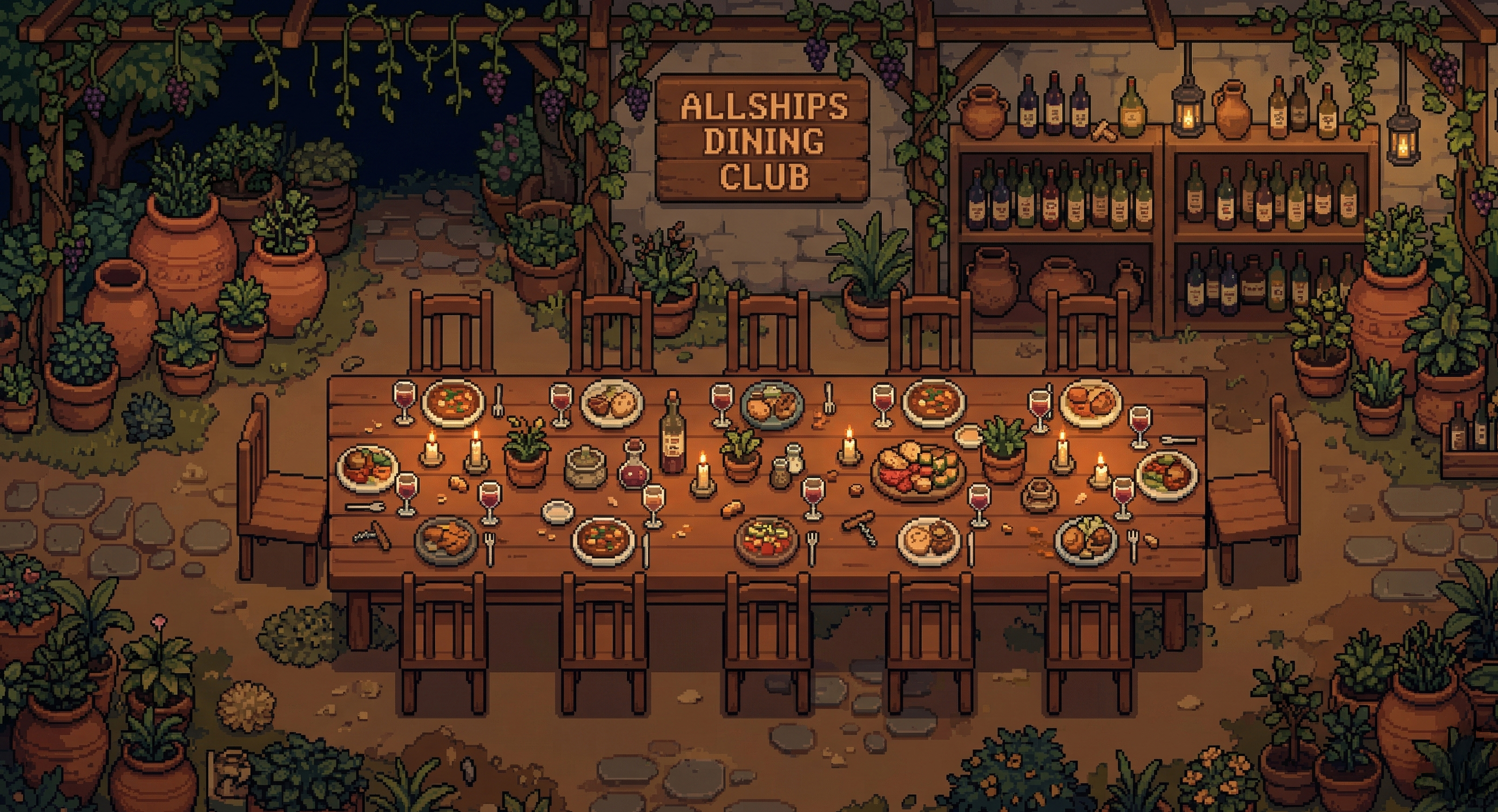 Top-down pixel art view of a candlelit dinner table